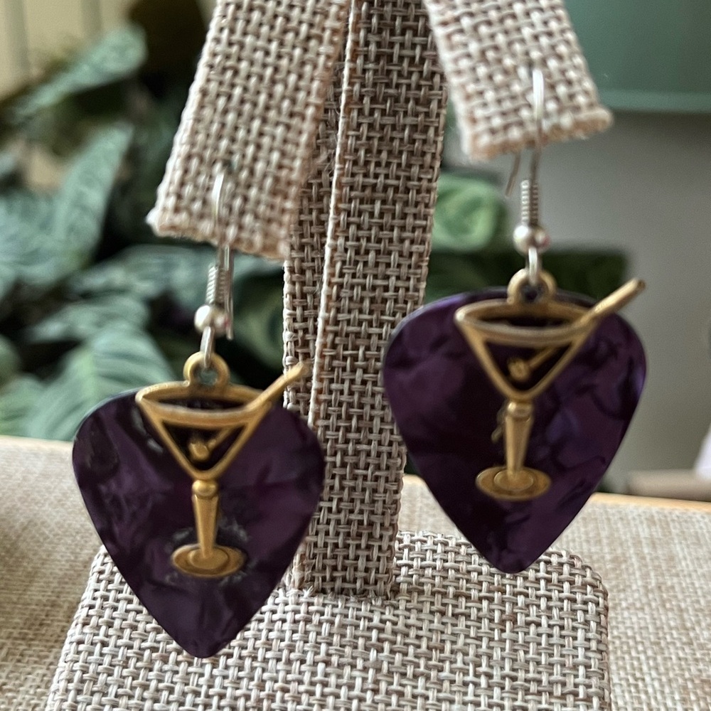 Purple Heart Earrings with Gold Martini Design - Picture 5 of 5